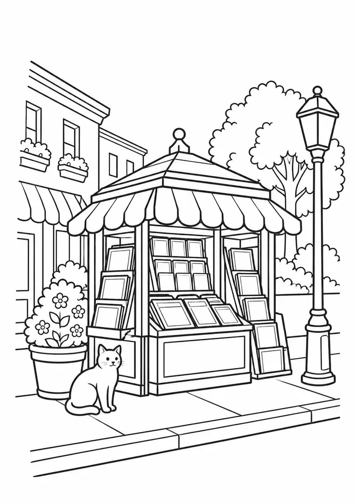 Newsstand on a Sidewalk line art