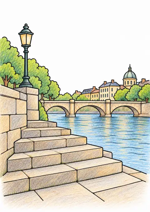 Stone Steps beside a City River color example