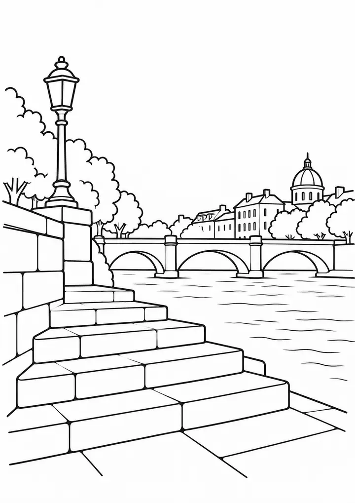 Stone Steps beside a City River line art