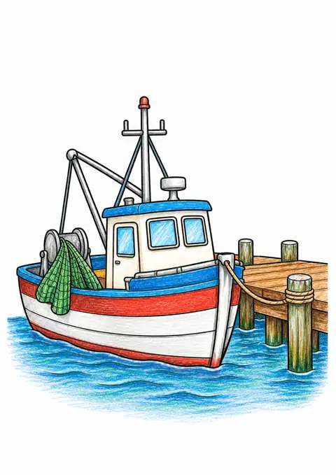 Fishing Boat beside a Pier color example