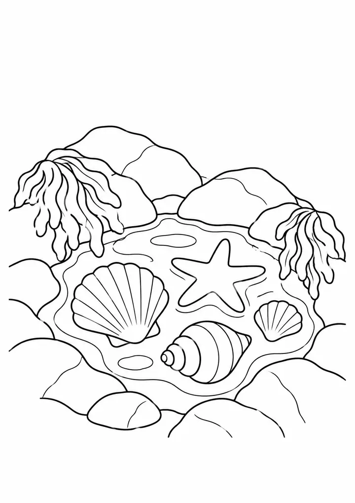 Tide Pool with Shells line art