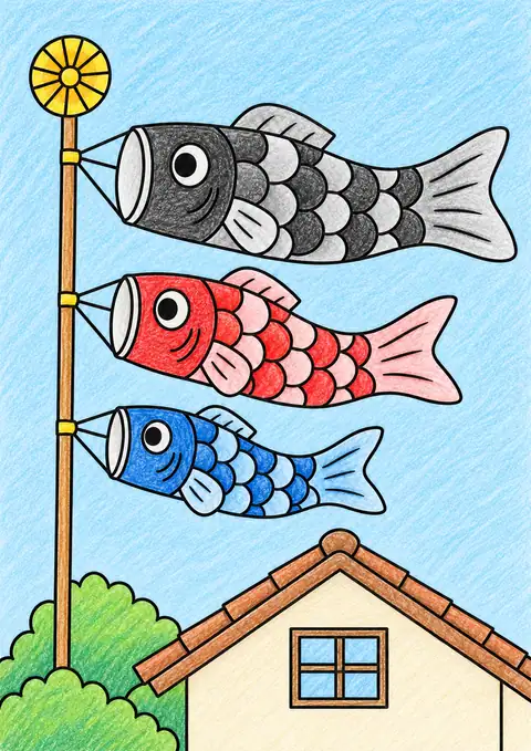 Carp Streamers beside a Roof color example
