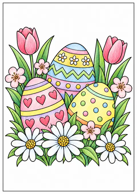 Easter Eggs among Flowers color example