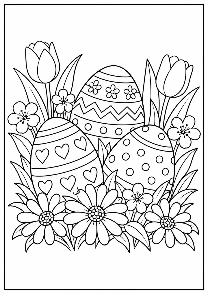 Easter Eggs among Flowers line art