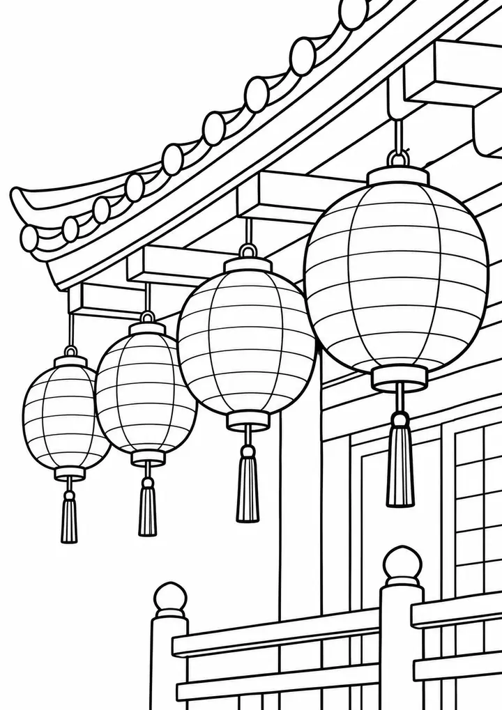 Summer Festival Lanterns beneath the Eaves line art