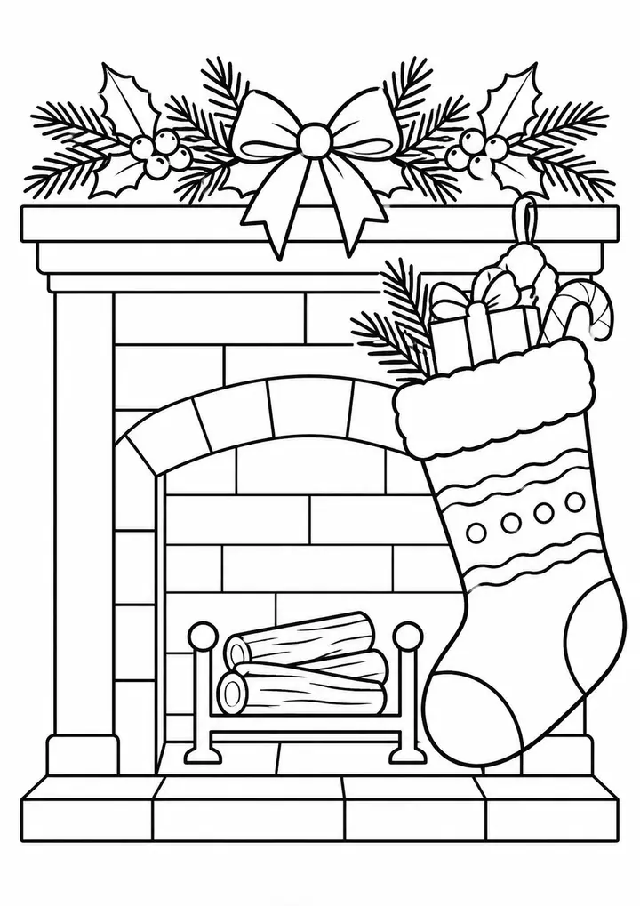 Christmas Stocking by a Fireplace line art