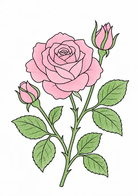 Rose Branch and Leaves color example