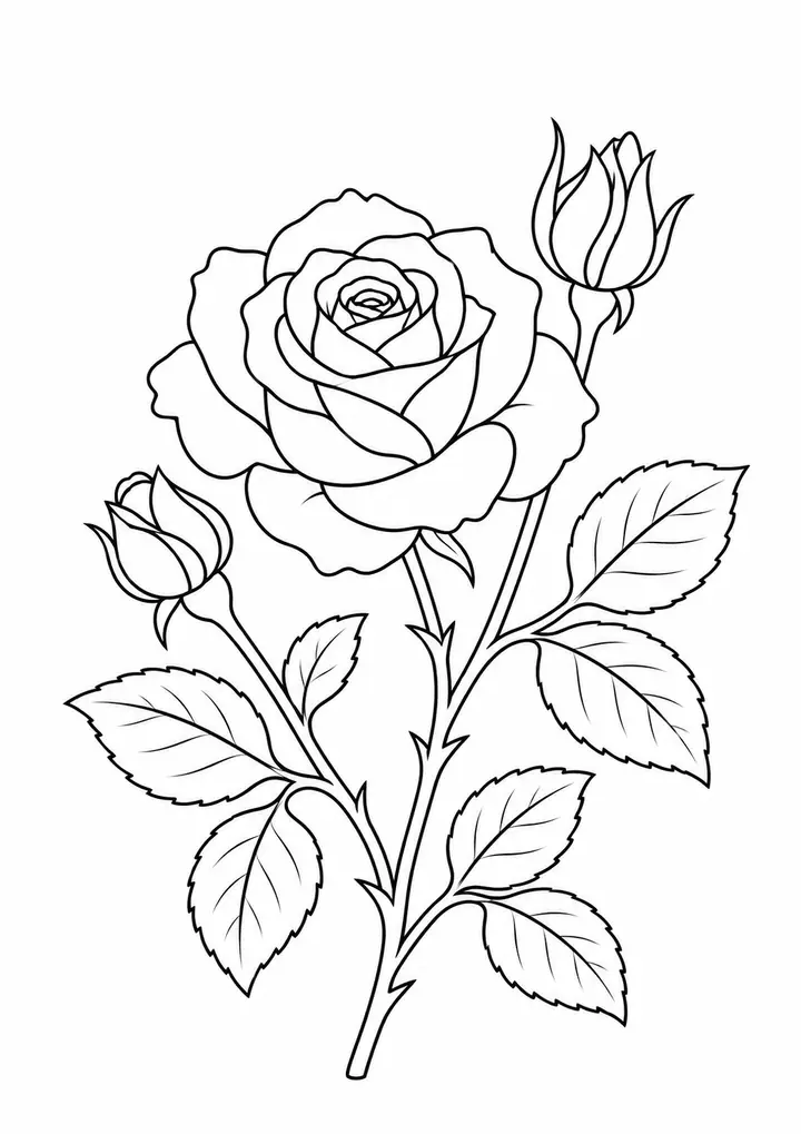 Rose Branch and Leaves line art