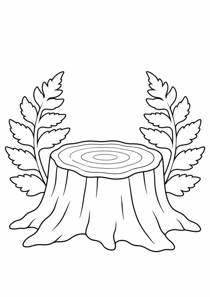 Tree Stump Framed by Ferns line art