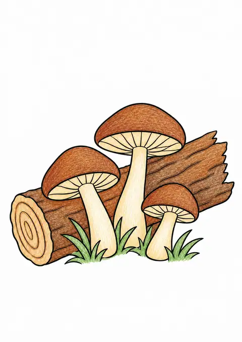 Mushrooms beside a Fallen Log color example