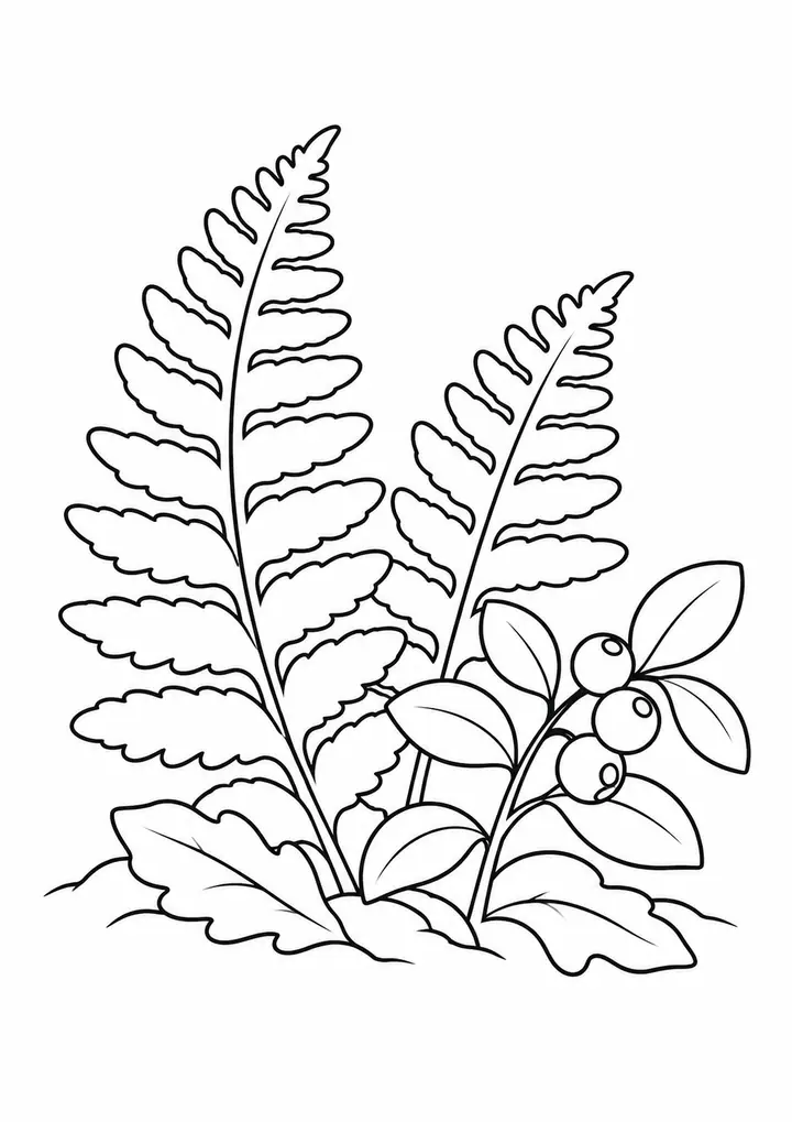 Fern and Berries on the Forest Floor line art