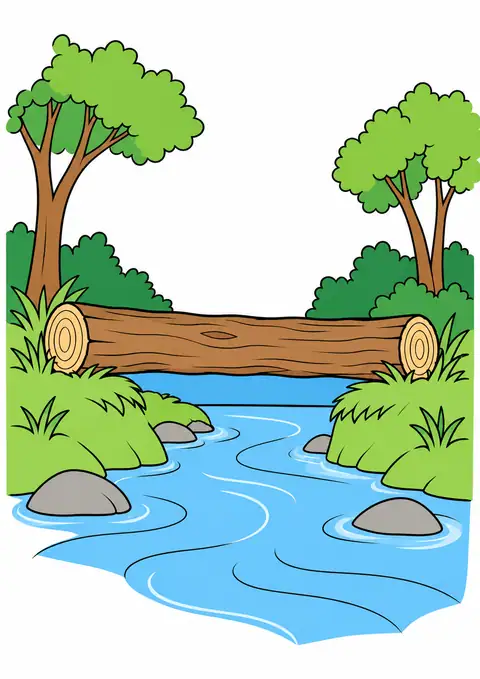 Log Bridge over a Forest Stream color example