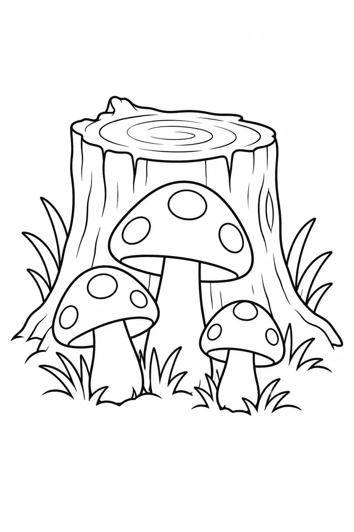 Mushrooms at the Base of a Tree line art