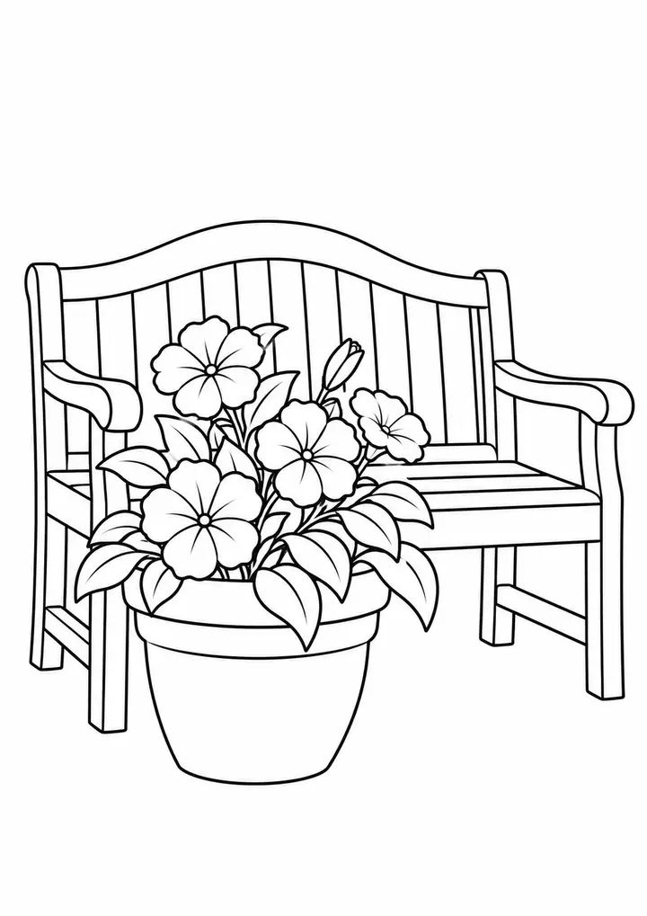 Garden Bench with a Flowerpot line art
