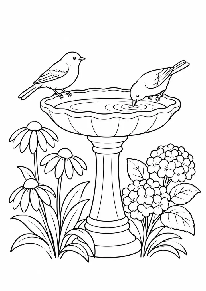 Birdbath in a Garden line art