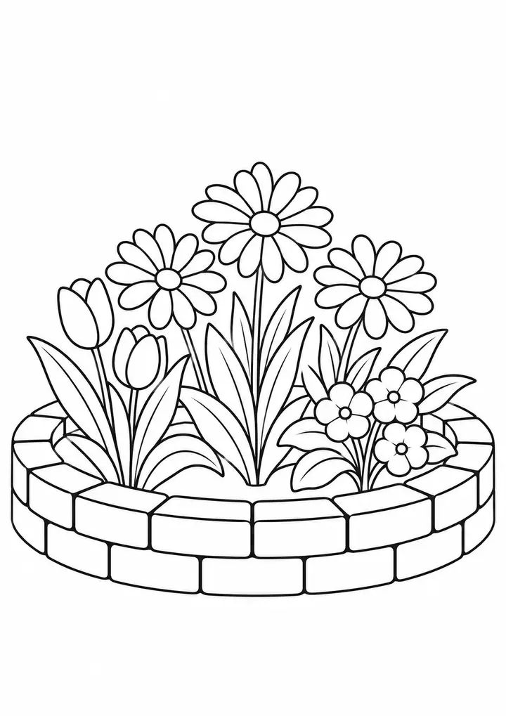 Flower Bed with Brick Border line art