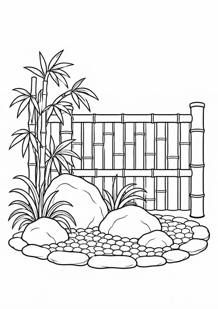 Bamboo Fence beside a Stone Garden line art