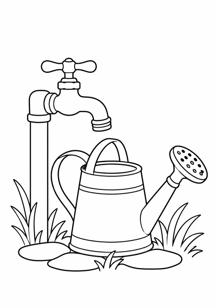 Garden Tap with a Watering Can line art