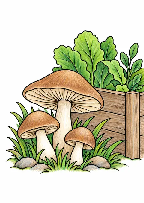 Mushrooms beside a Garden Bed color example