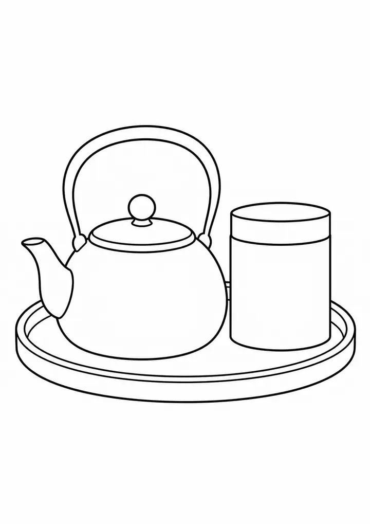 Cast Iron Kettle and Tea Canister on a Tray line art