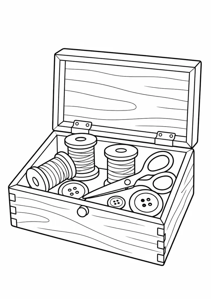 Open Wooden Sewing Box line art
