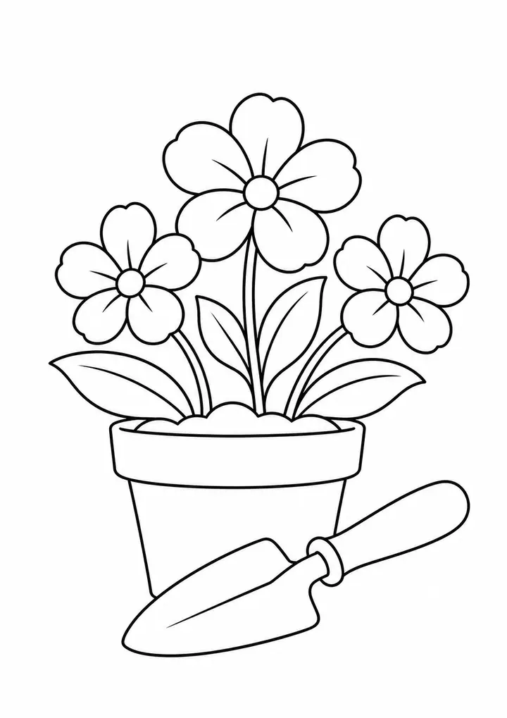 Flowerpot with a Hand Trowel line art