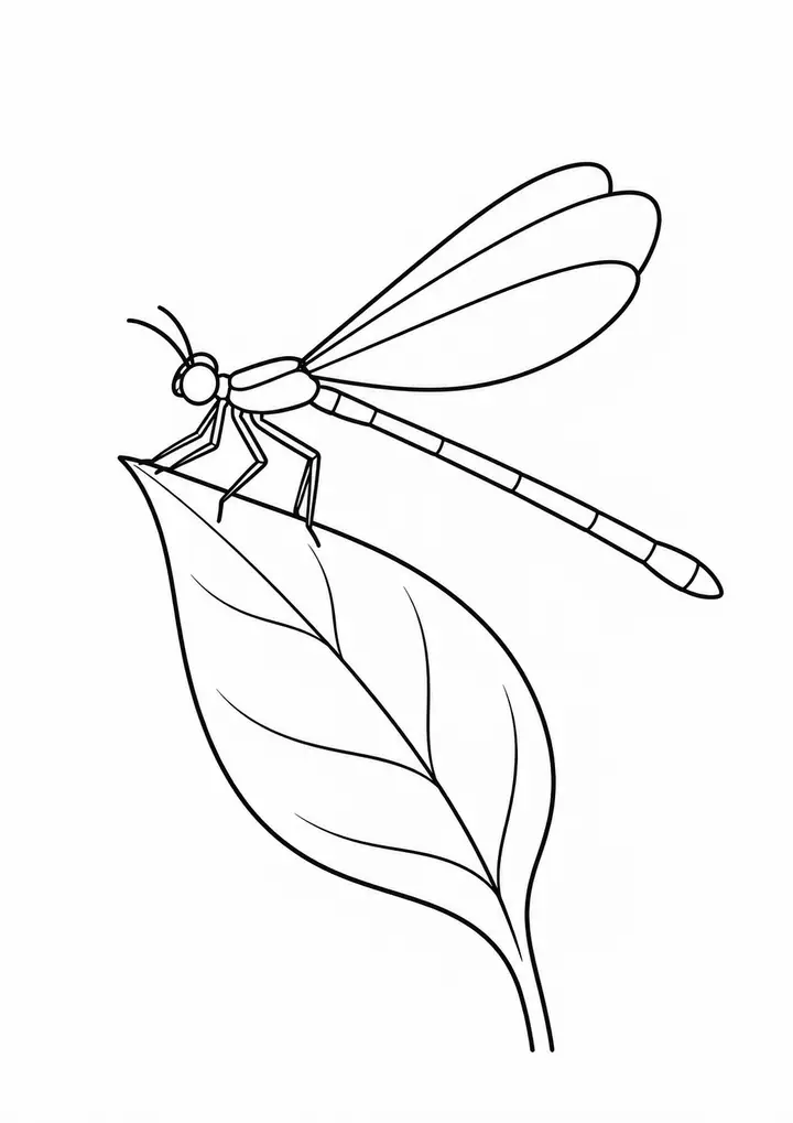 Damselfly on a Leaf Tip line art