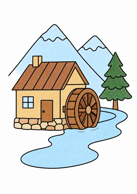 Watermill beside a Mountain Stream color example
