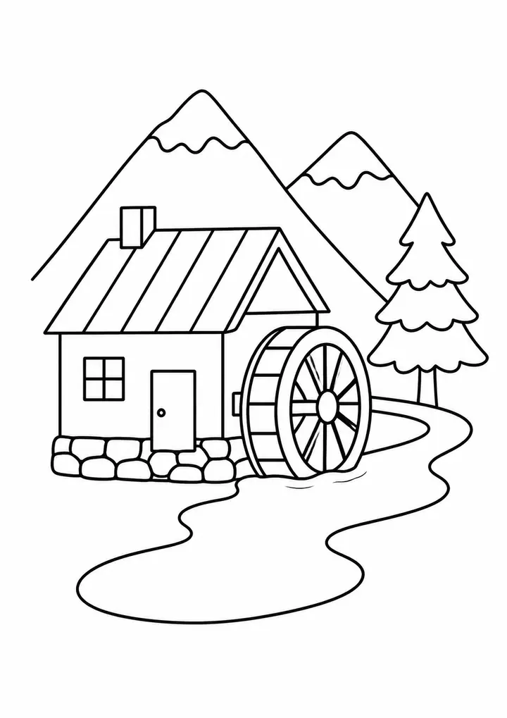 Watermill beside a Mountain Stream line art