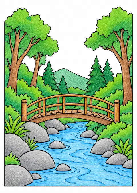 Footbridge across a Forest Stream color example