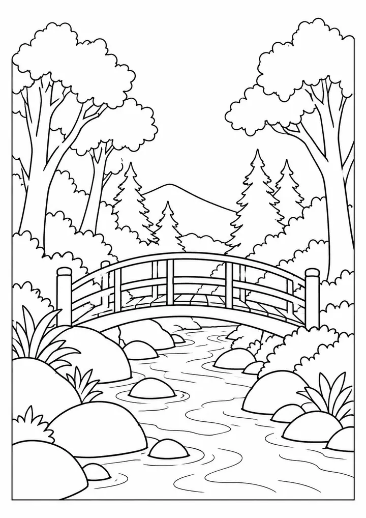 Footbridge across a Forest Stream line art