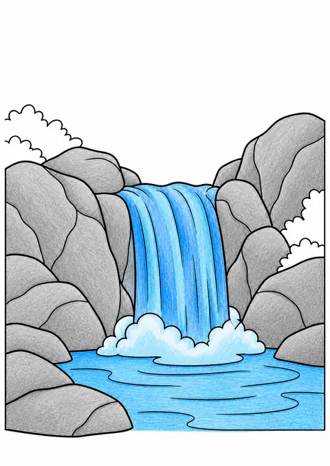 Waterfall among Rocks color example