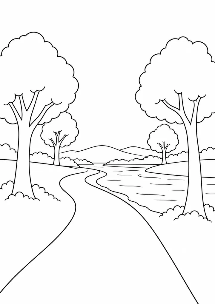 Tree Lined Riverside Path line art