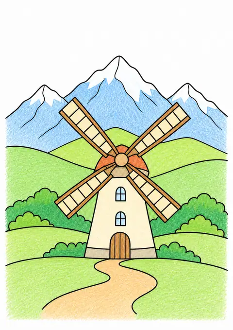 Windmill beneath Mountains color example
