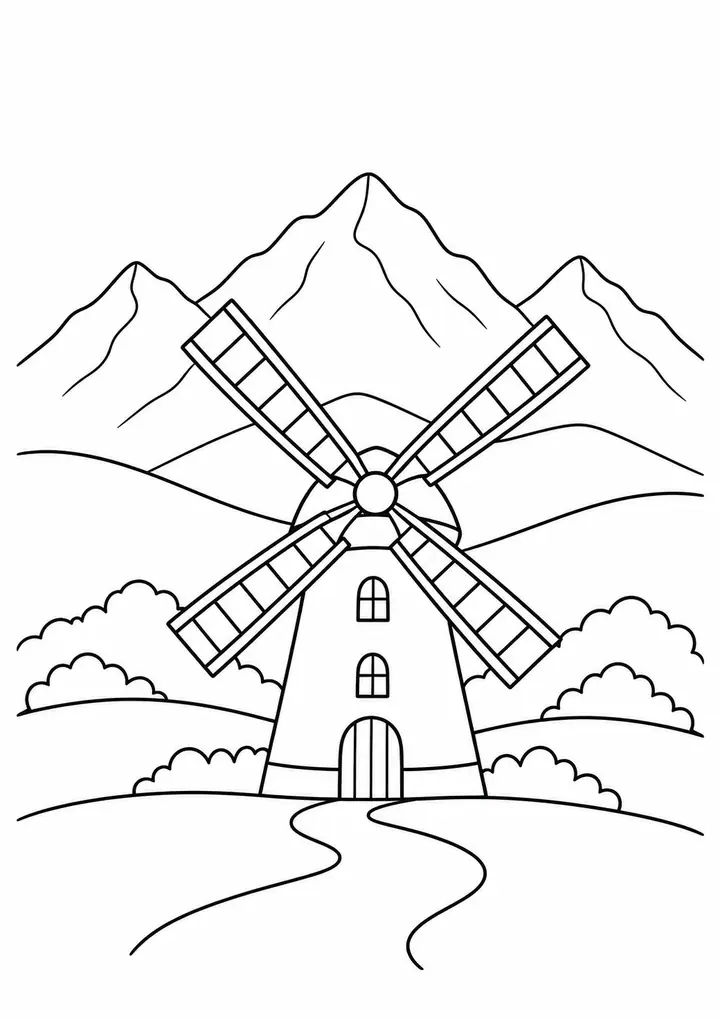 Windmill beneath Mountains line art