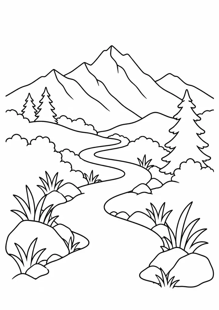 Winding Mountain Path line art