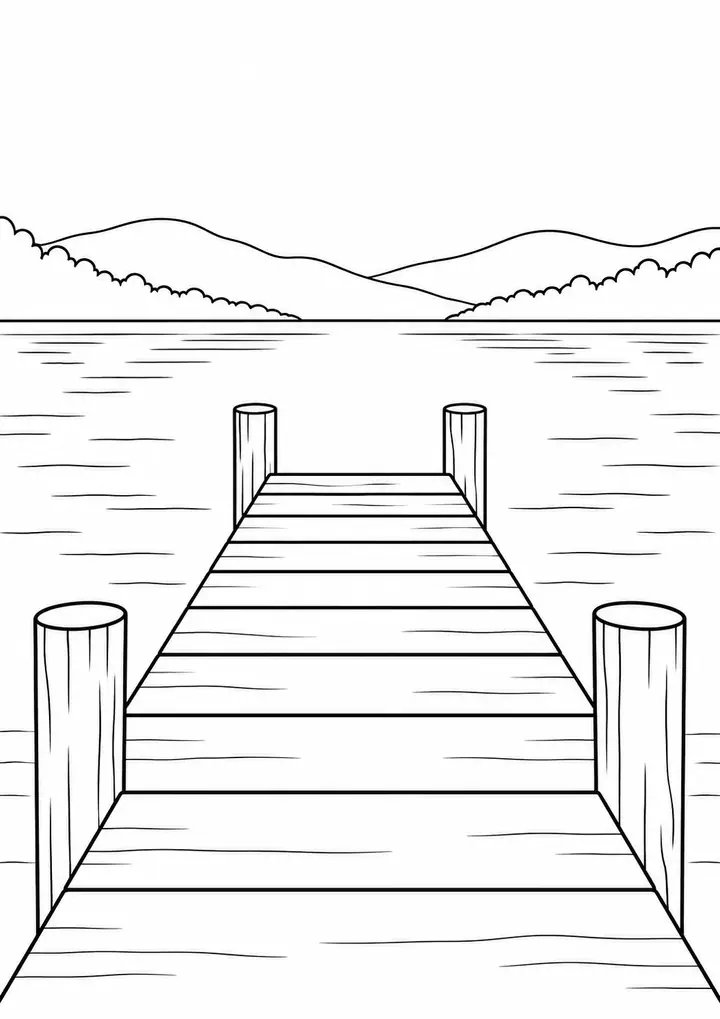 Wooden Pier at a Lake line art
