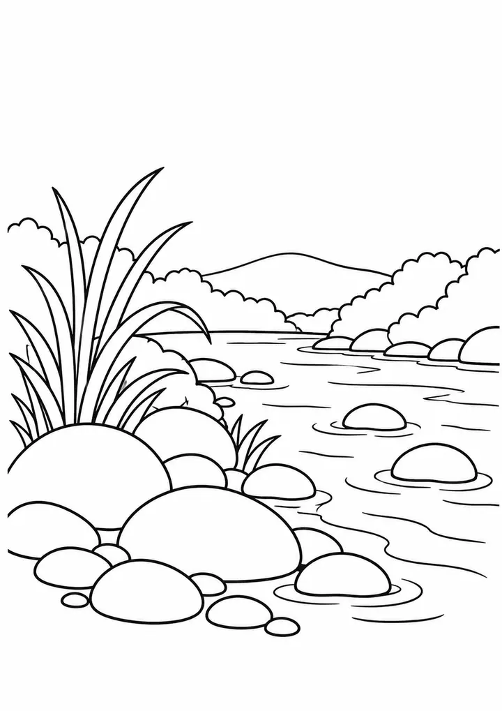 Riverbank with Rounded Stones line art