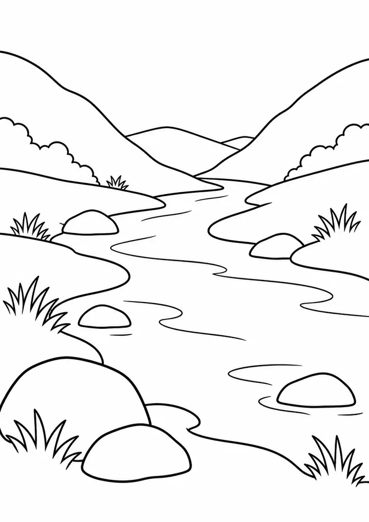 Stream through a Valley line art