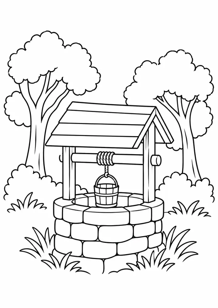 Old Well in a Grove line art