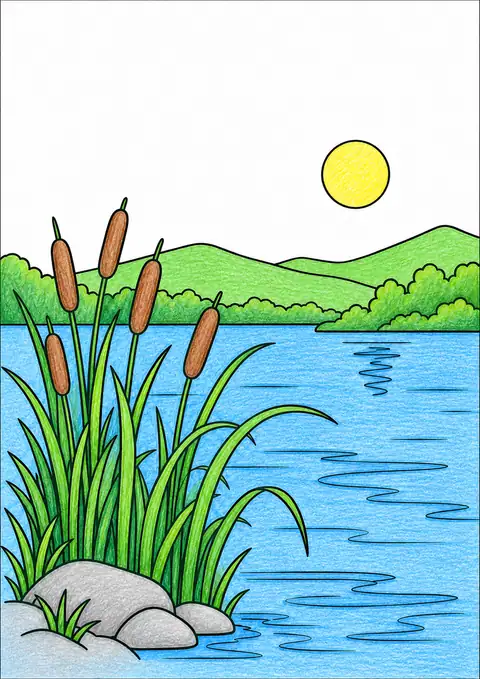 Cattails beside a Lake color example