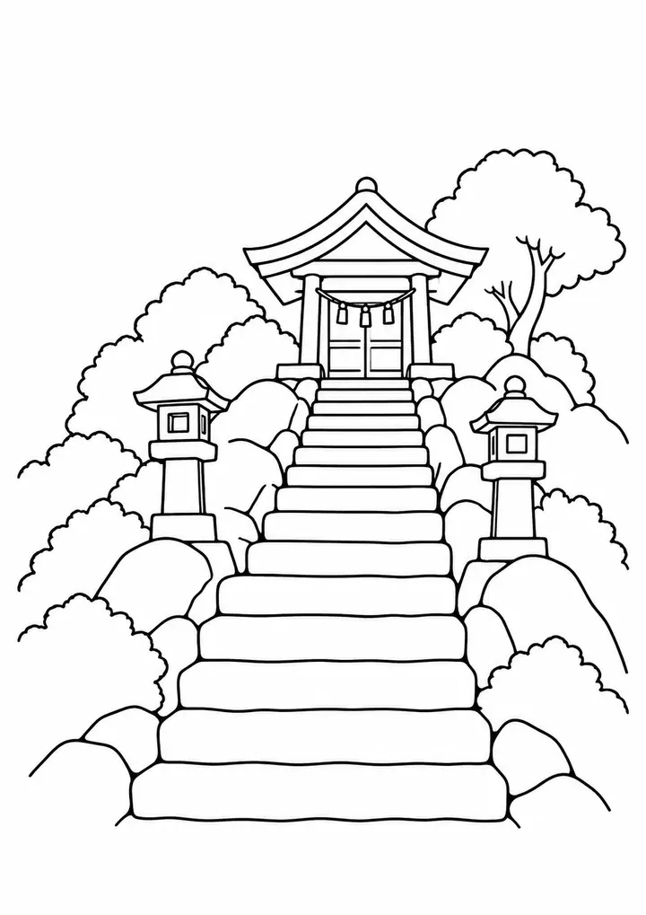 Stone Steps to a Hillside Shrine line art