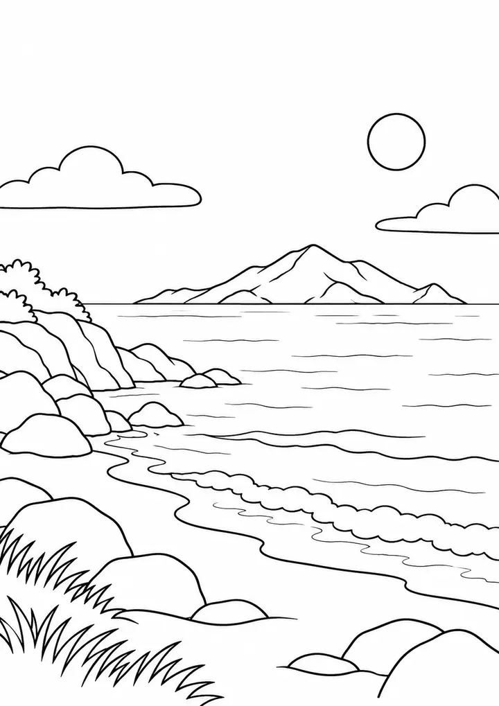 Coast with a Distant Island line art