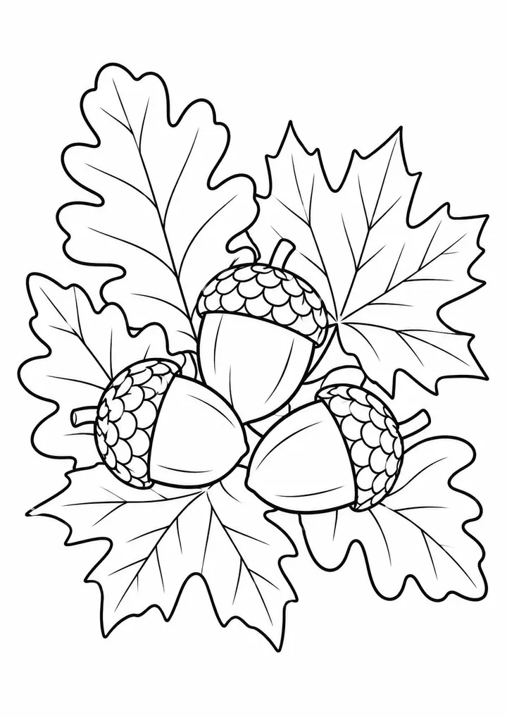 Acorns on Fallen Leaves line art
