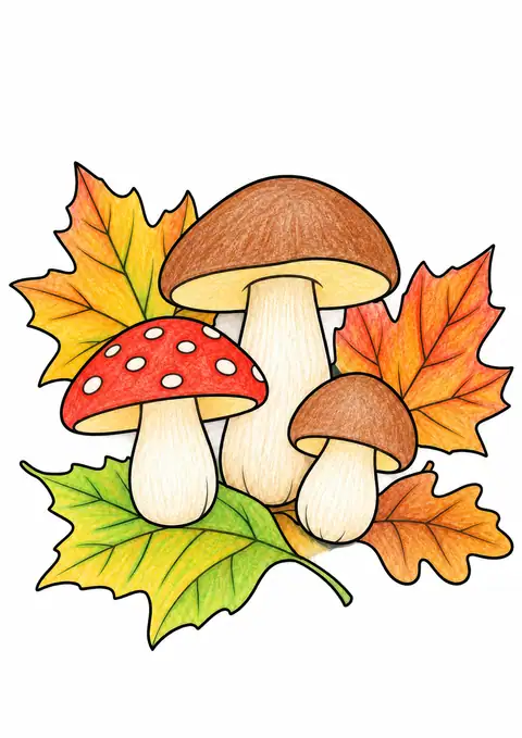 Mushrooms among Autumn Leaves color example