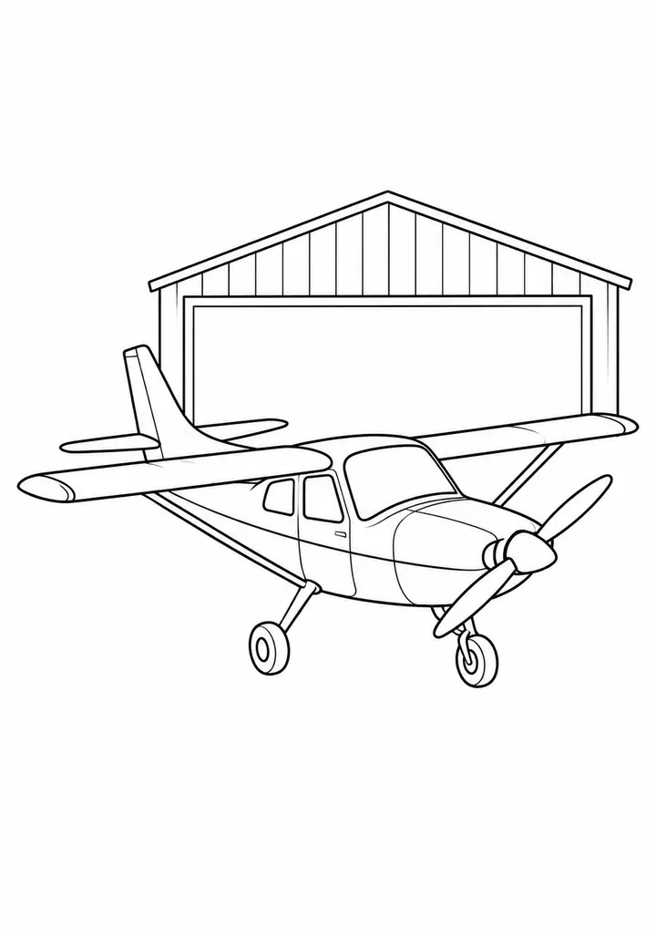 Small Plane outside a Hangar line art