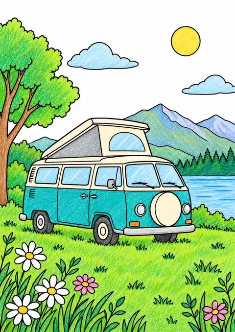 Camper Van beside a Meadow color example