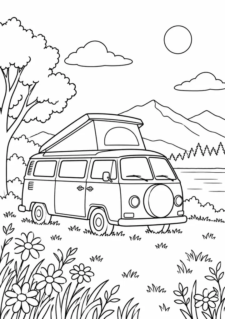 Camper Van beside a Meadow line art