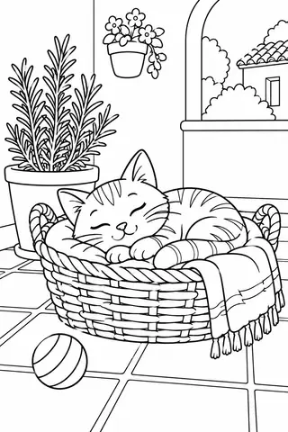 Gato dormido en una cesta junto a una maceta de romero