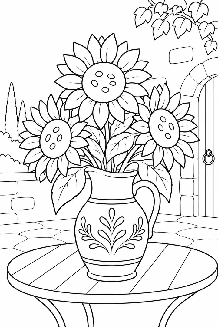 Tournesols dans un pichet en céramique dans une cour tranquille